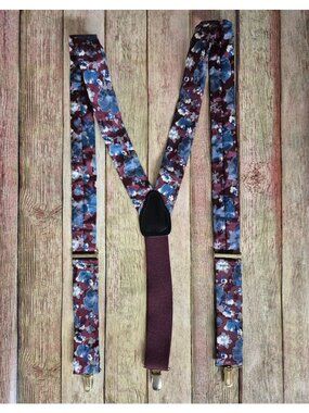 VTG Suspenders Mens CAS GERMANY Burgundy Silk Floral Gold Clip Braces Adjustable